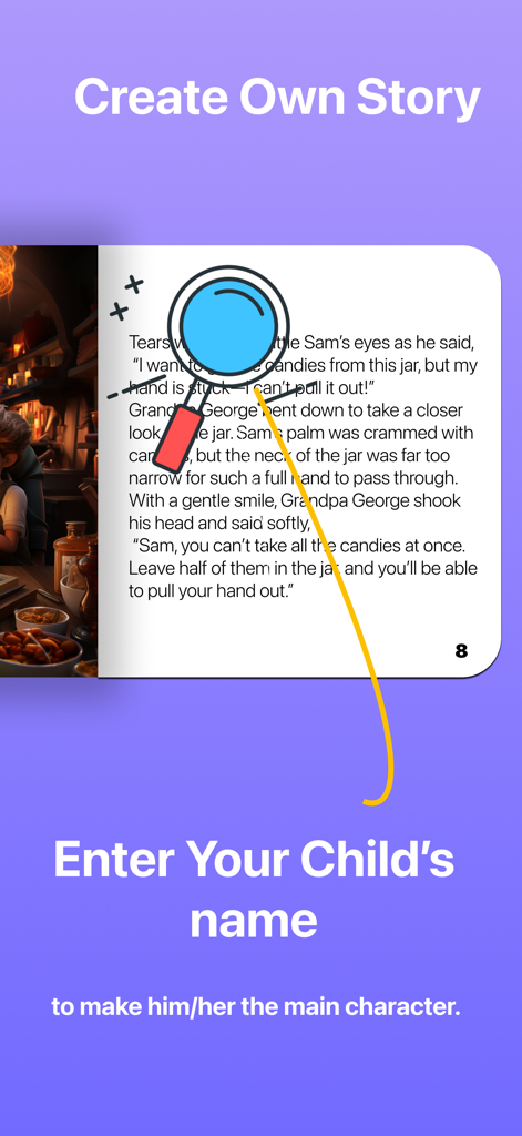 StoryTime Kids: AI Storybook - A mobile app screen where parents can enter their child name to make them the hero of an AI story