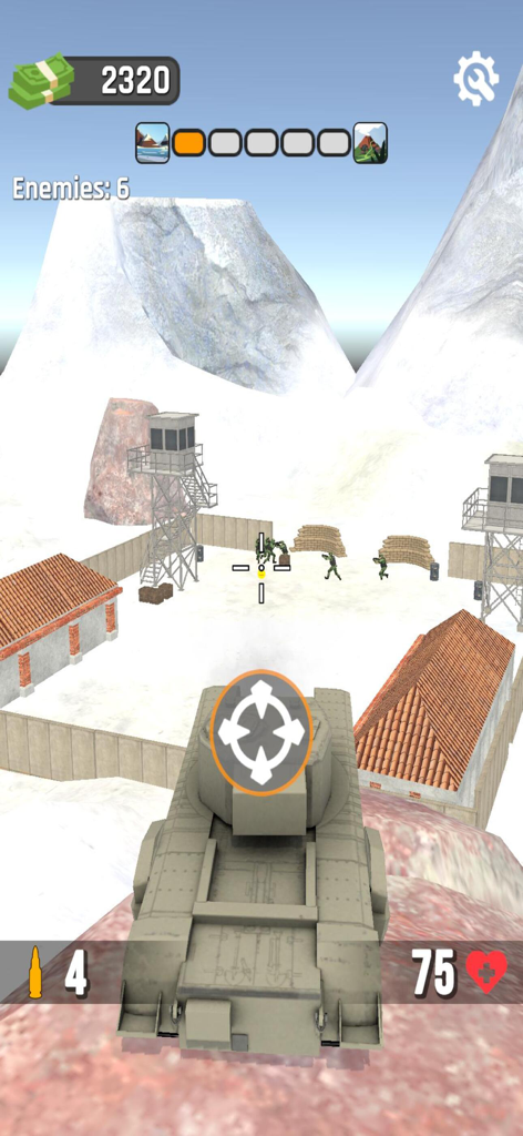 First-person view of a tank aiming its cannon at enemy soldiers within a snowy mountain base.