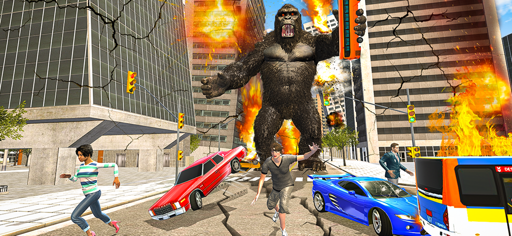 Gorila gigante destruyendo edificios de la ciudad y volteando coches mientras la gente huye