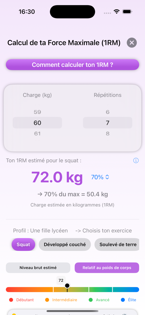 EPS Muscu AI - Interfaz para calcular la repetición máxima para sentadillas, mostrando entradas de peso y repeticiones con indicadores de nivel