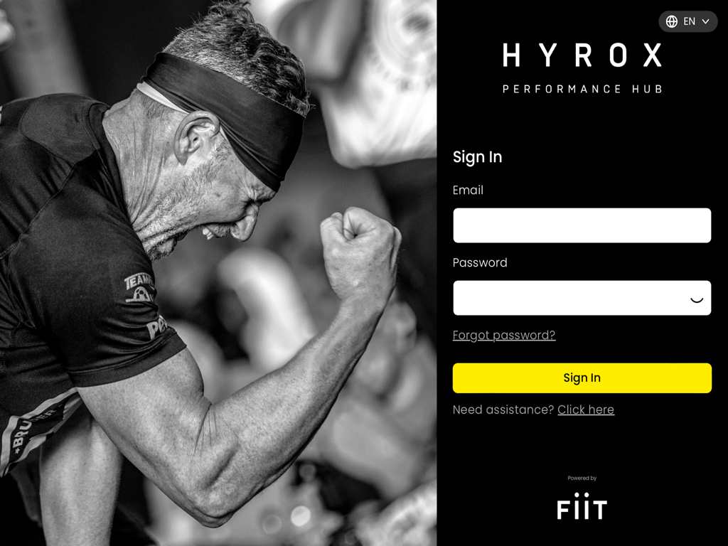 Login screen for the HYROX Performance Hub app