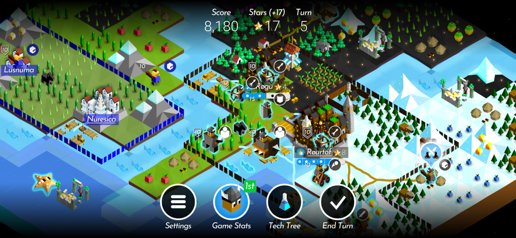 A turn-based strategy map from The Battle of Polytopia featuring low-poly environments and units