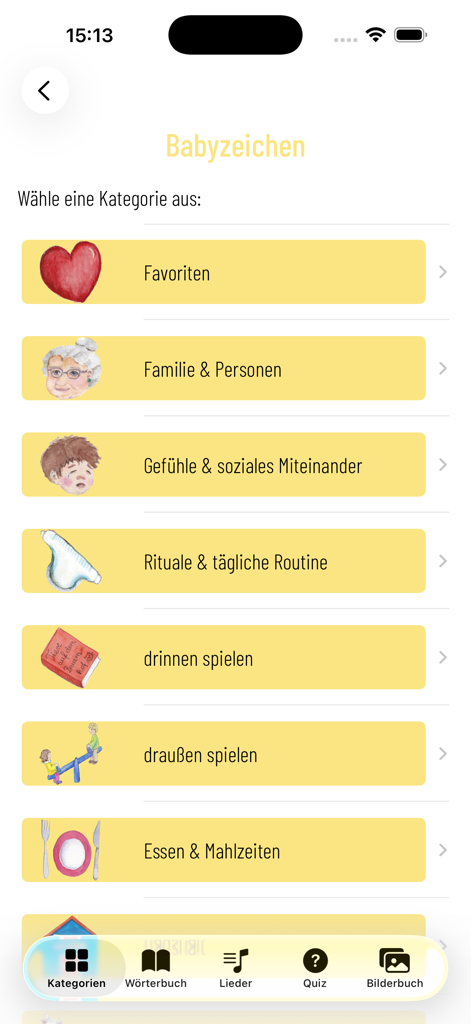 Babyzeichen Zwergensprache - Illustrated category menu in the Babyzeichen Zwergensprache app for learning baby signs
