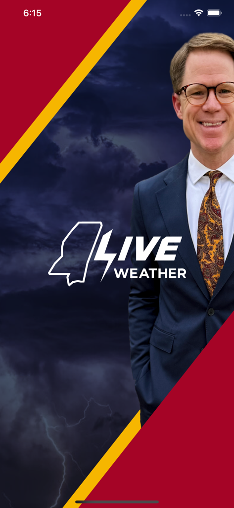 Mississippi LIVE Weather - Écran d'accueil de l'application Météo LIVE Mississippi présentant le météorologue local Matt Laubhan et un fond de tempête