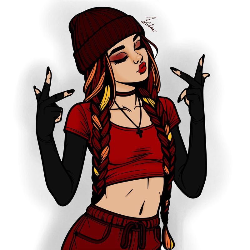 realistic teenage girl with braids and a beanie and crop top doing 🫶🏼