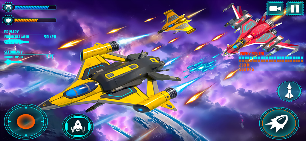 Alien Rescue : Galaxy Shooter - A yellow spaceship engaging in an intense dogfight with enemy fighters in a purple galaxy background