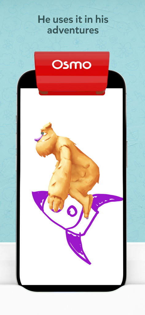 Mo the orange monster riding a childs purple rocket drawing in the Osmo Monster app