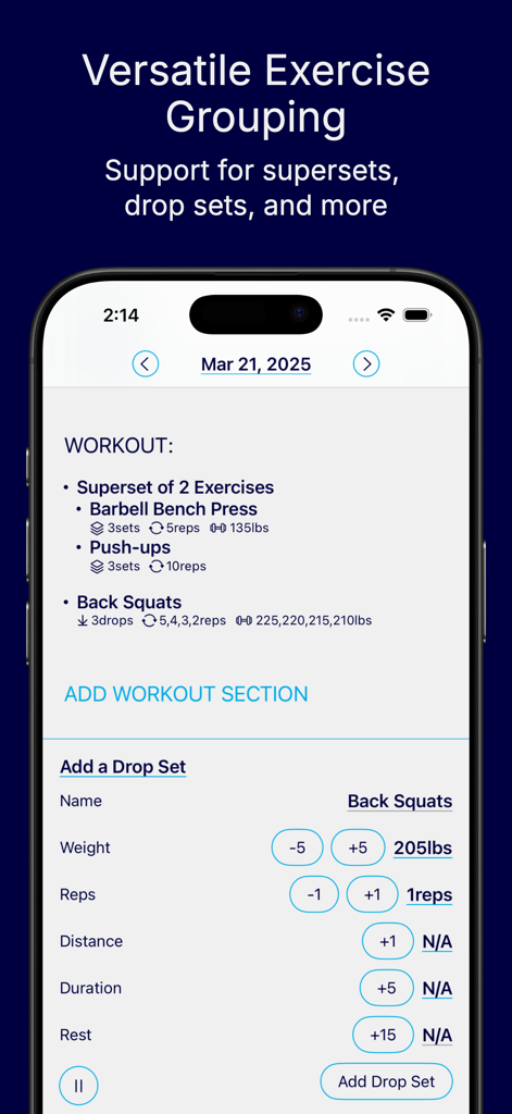 Exercisely: Simple Workout Log - Exercisely-App-Bildschirm, der vielseitige Übungsgruppierungen für Supersätze und Dropsätze zeigt