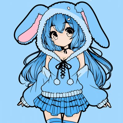 pretty anime girl wearing a fluffy hoodie with bunny ears on the hood and a skirt