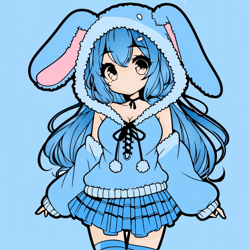 pretty anime girl wearing a fluffy hoodie with bunny ears on the hood and a skirt