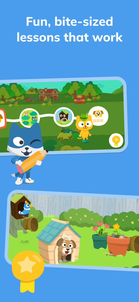 Learn German Studycatアプリの教育画面。子供向けの楽しくて短いレッスンとインタラクティブな漫画キャラクターが表示されています。