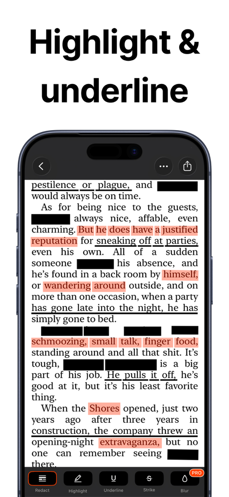Whiteout: Redact & Blur Photos - Pantalla del iPhone mostrando la aplicación Whiteout resaltando y subrayando texto en un documento con herramientas de redacción profesional.