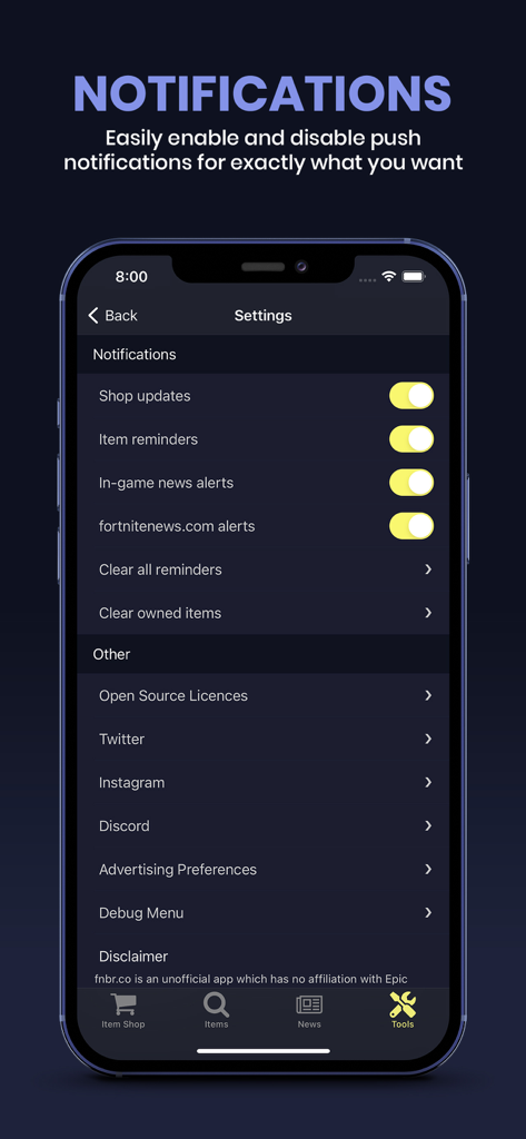 fnbr.co — Tracker for Fortnite - Notification settings screen in the fnbr.co app showing toggles for Fortnite shop updates and item reminders