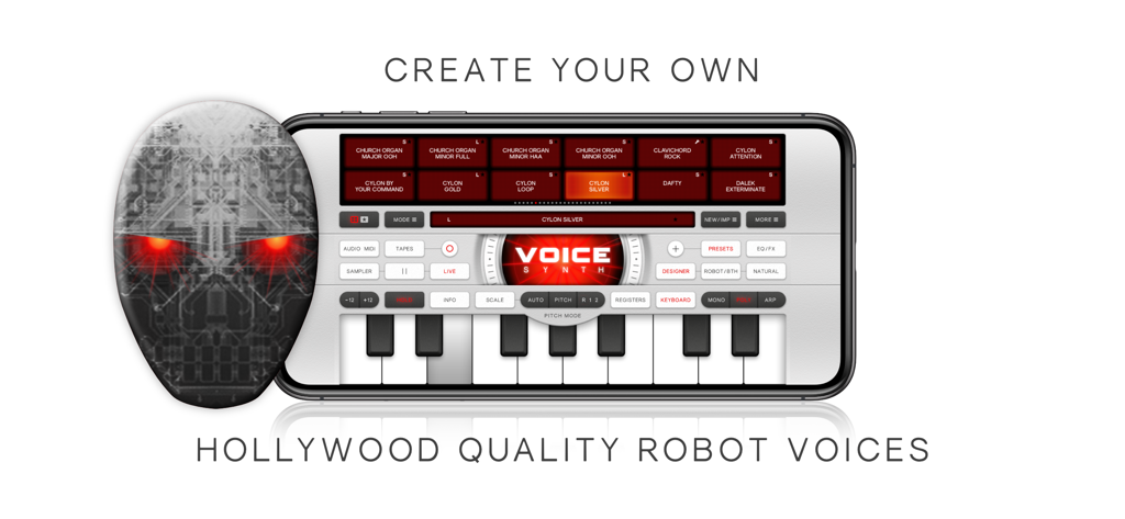 할리우드 수준의 로봇 목소리를 만들기 위한 로봇 마스크와 텍스트가 포함된 스마트폰의 Voice Synth Modular 앱 인터페이스