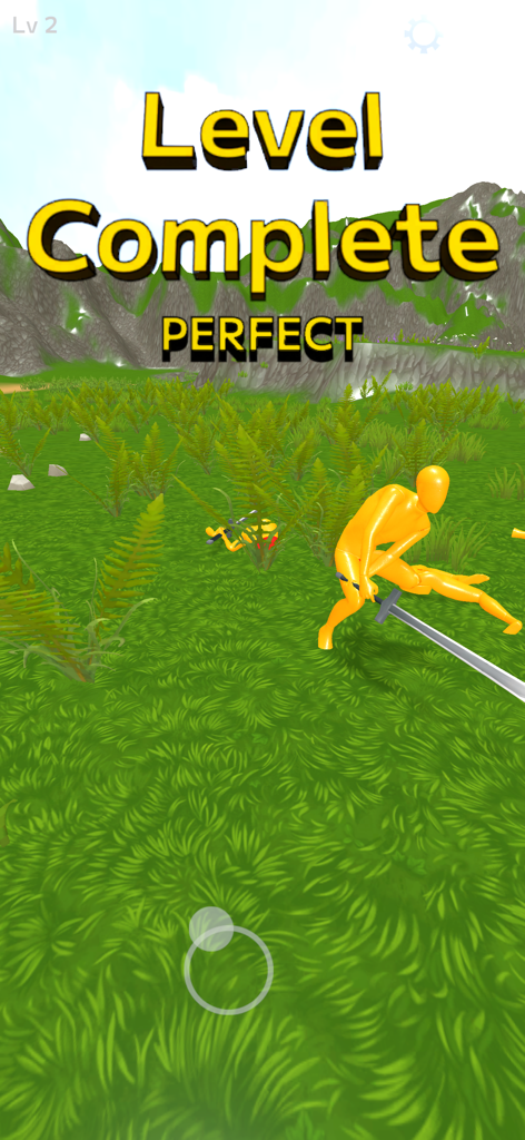 Ein Screenshot von Ragdoll Blade, der eine gelbe Figur auf einem grasbewachsenen Feld mit einer „Level Complete Perfect“-Benachrichtigung zeigt.