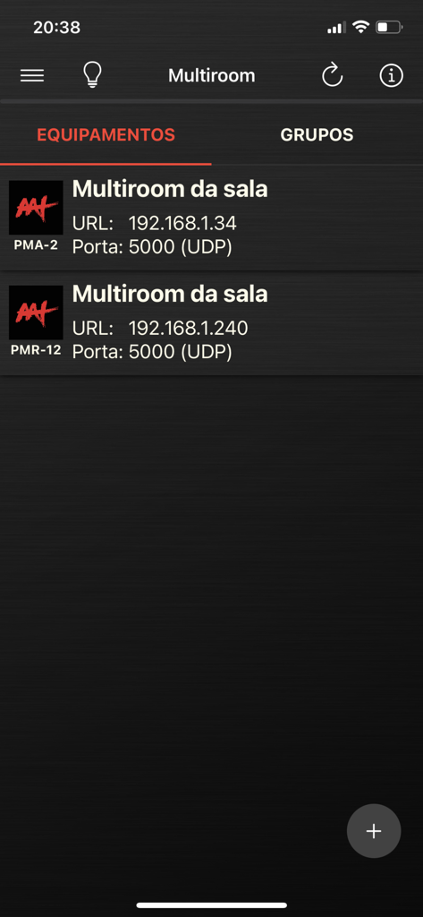 Multiroom - Multiroom app equipment screen showing a list of connected AAT amplifiers with their IP addresses and port information.