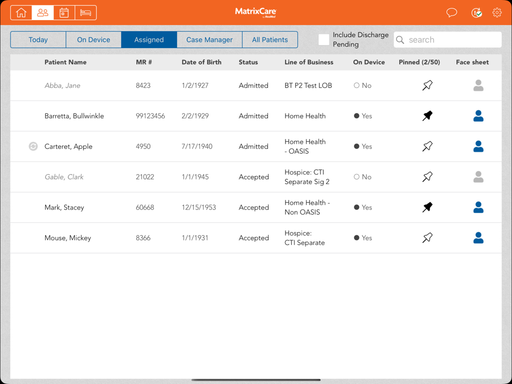 MatrixCare Clinical app interface showing a list of assigned patients with names, medical record numbers, and status on an iPad