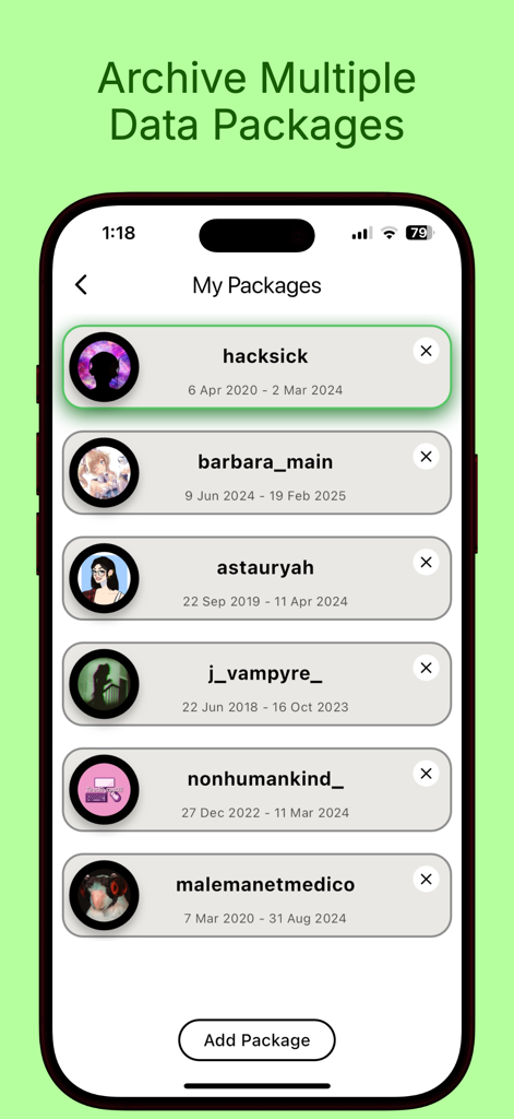 Friendcord | Reopen Discord DM - Friendcordアプリのインターフェースで、ユーザー名と日付が表示されたアーカイブされたDiscordデータパッケージのリストを表示しています。