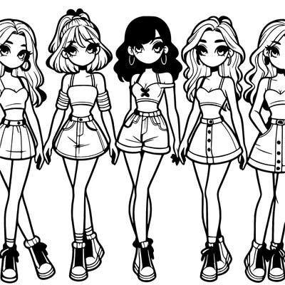 5 girls in crop tops and skirts