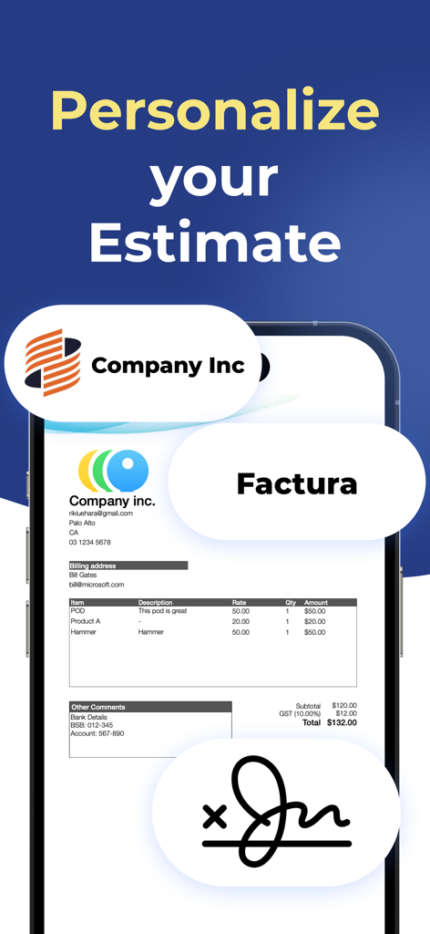 Estimate Maker, Contractor Pay - A mobile app interface showing options to personalize contractor estimates with logos and signatures
