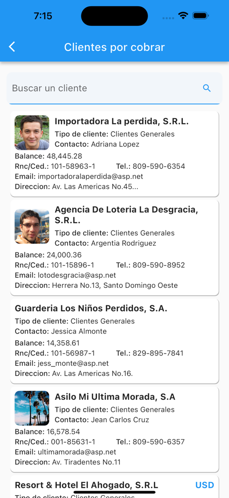 Watersoft Fact App - Watersoft Fact App interface displaying a list of clients with their outstanding balances and contact information