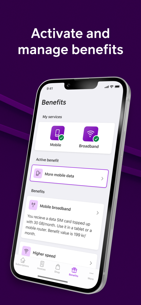 Mitt Telia - Mitt Telia app benefits interface showing mobile and broadband subscription rewards
