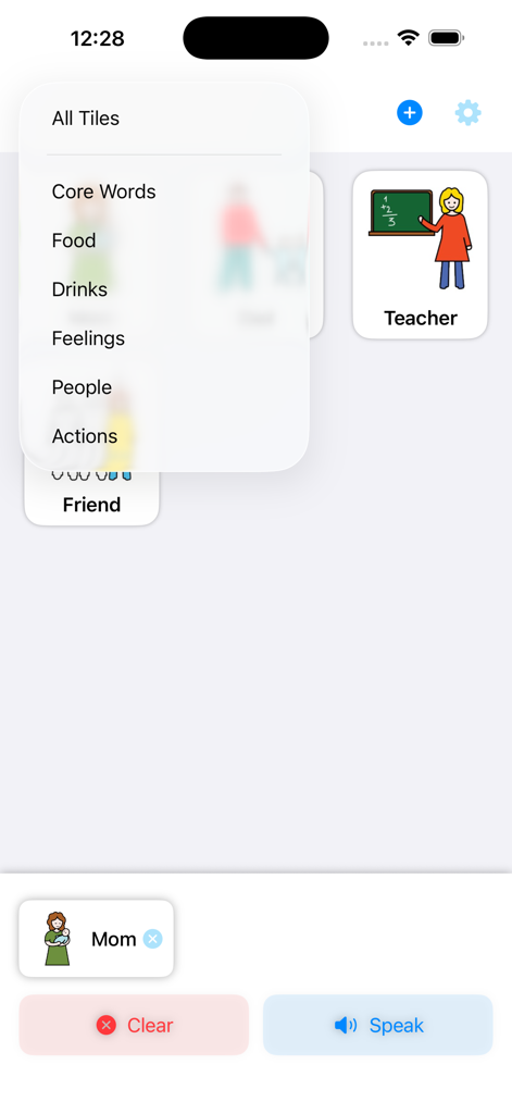 My Voice AAC - Interface of the My Voice AAC app showing a category menu and visual communication tiles for speech support