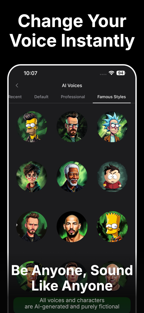 VoiceGen - AI Voice Generator - A mobile screen showing the VoiceGen app interface with a grid of famous character and celebrity voice options for AI generation.