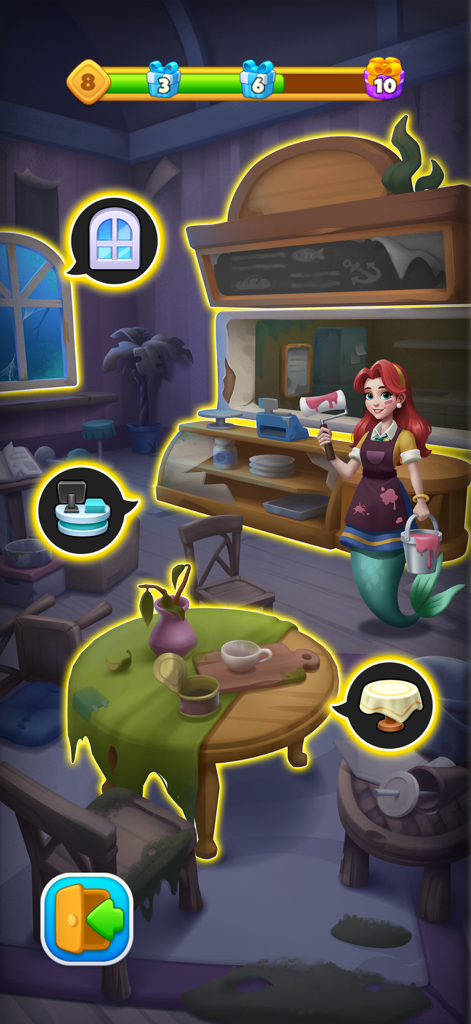 Merge Ocean - Cooking & Decor - A mermaid character stands in a messy restaurant with icons for renovating the window, counter, and table.