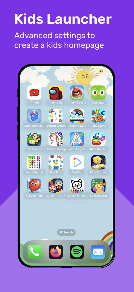 Uno smartphone che mostra il Launcher per Bambini di Suzy con una homepage personalizzata contenente icone di app educative e di intrattenimento per un uso sicuro da parte dei bambini