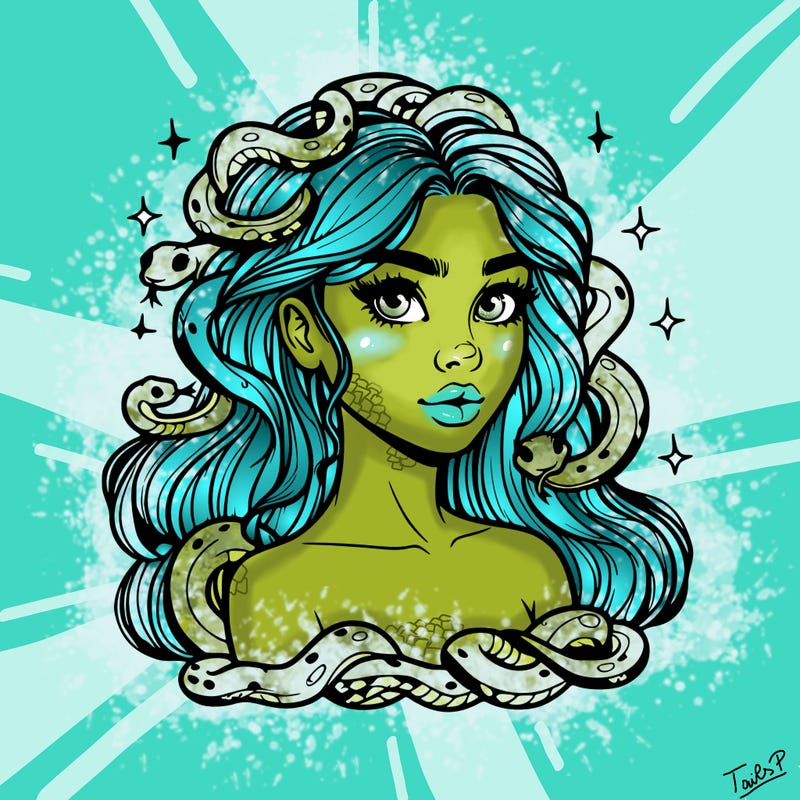 realistic girl with snakes as hair