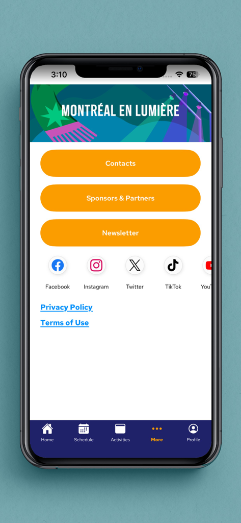Montréal en lumière - Menu do aplicativo Montréal en lumière com links para contatos, patrocinadores e mídias sociais.