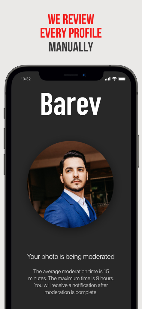 Barev — Armenian Dating - Barev Armenian dating app screen showing manual profile review and moderation