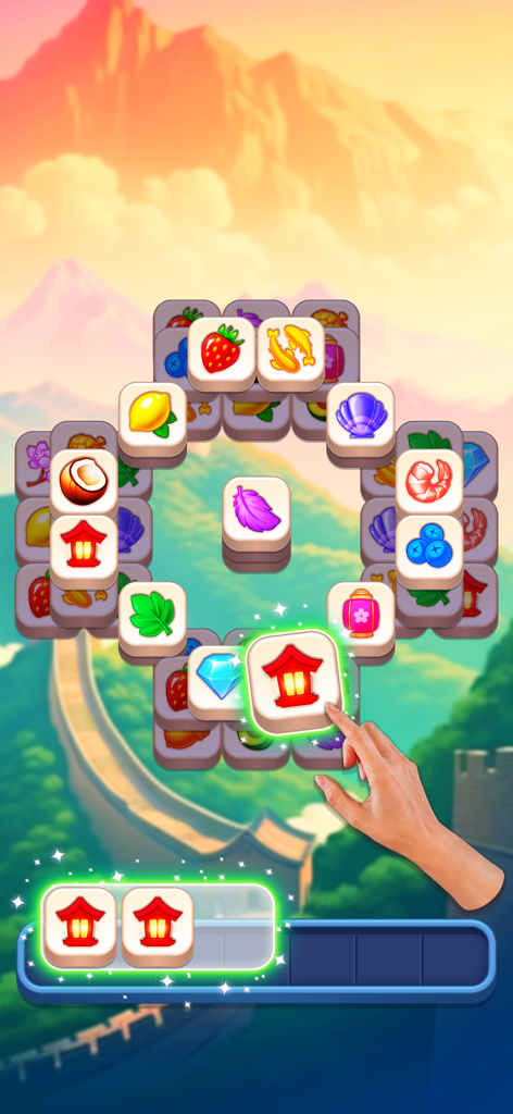 Match Jong - Zen Tile Puzzle - Gameplay of Match Jong showing a player matching red lantern tiles on a beautiful mountain landscape background