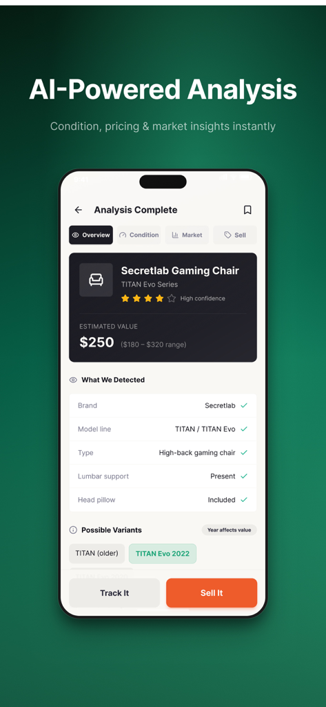 Value Scout - Value Scout app screen showing AI-powered resale value analysis for a Secretlab gaming chair
