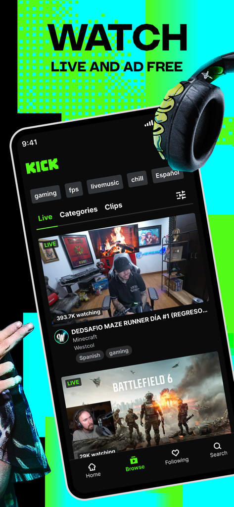 Smartphone-Bildschirm, der die Benutzeroberfläche der KICK Live-Streaming-App mit Gaming-Streams und Kategorien anzeigt