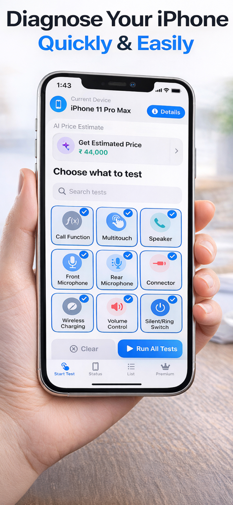 Phone Diagnostics, Check Price - Mano sosteniendo un teléfono que muestra las pruebas de diagnóstico de hardware y la estimación de precio con IA en la aplicación Diagnóstico de Teléfono