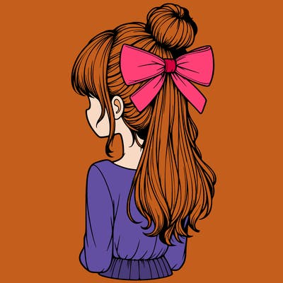 realistic girl  with hip length hair a bun and a big bow on the back of head