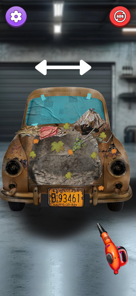 Car Satisfying: Cleaning ASMR - ガレージで修理中の、ゴミや葉っぱに覆われた汚れた錆びた車のスクリーンショット。