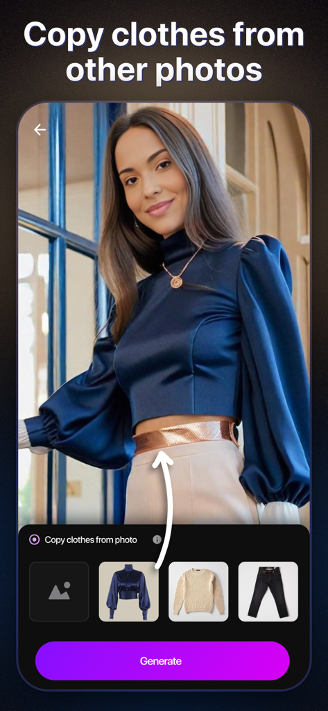 AI Boost mobile app interface showing a woman using the feature to copy clothes from other photos