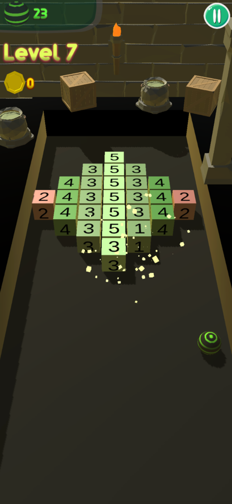 Bricks 3D Breaker - A 3D mobile game interface showing a ball launching towards a pattern of numbered green and red bricks in an arcade style level.
