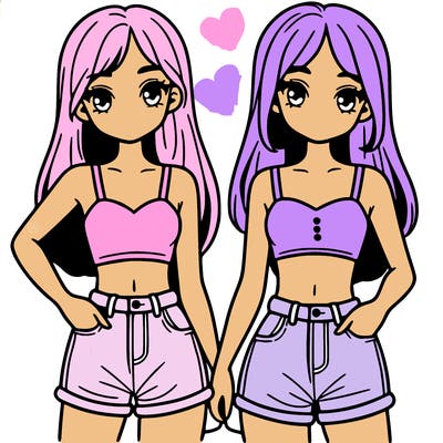 two sisters with crop tops and jean shorts and straight hair