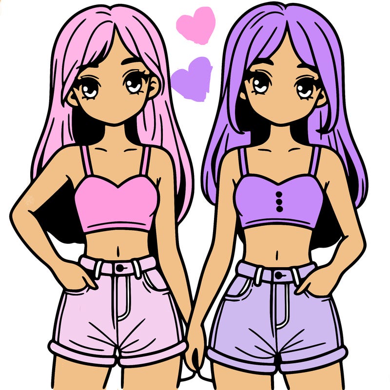 two sisters with crop tops and jean shorts and straight hair