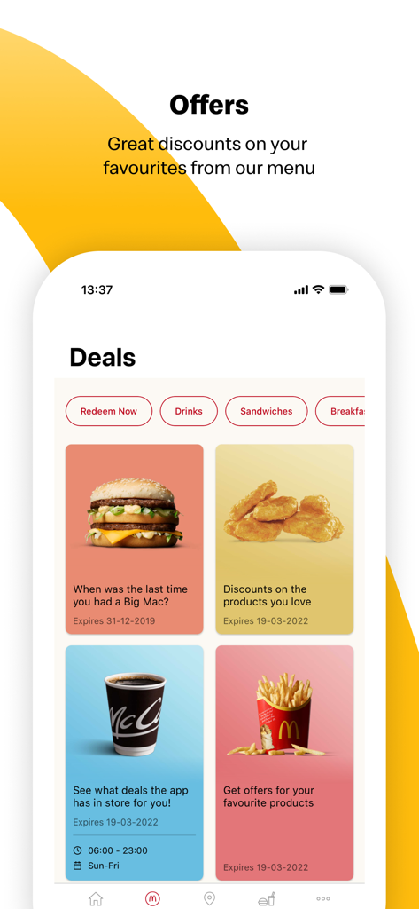 McDonalds app interface showing various food discounts and deals