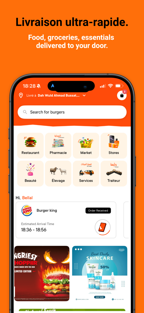 Tela inicial do aplicativo Almersoul mostrando serviços de entrega de comida, farmácia, supermercado e gado tradicional.