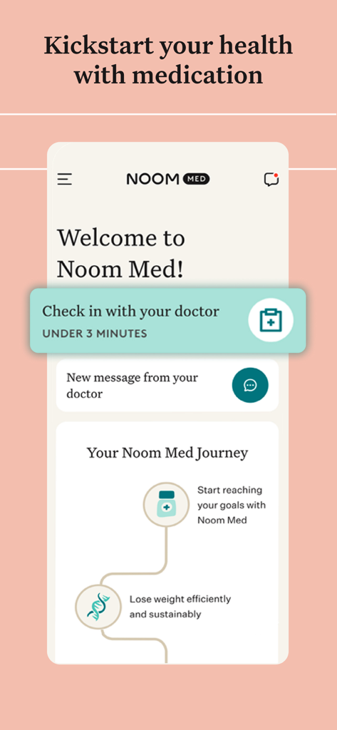 Interface de l'application Noom Med montrant des options pour les consultations médicales et une feuille de route pour la perte de poids médicale