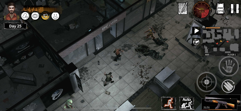 Delivery From the Pain:Survive - Top-down gameplay of a survivor exploring a ruined building and fighting zombies in Delivery From the Pain Survive.