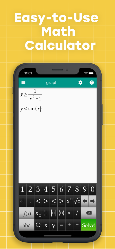 Algebrator: Step Math Solver - Algebrator app interface showing a math equation input screen with a specialized math keyboard