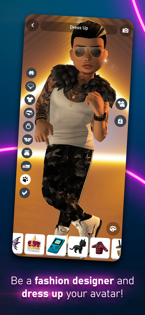 Club Cooee - 3D Avatar Chat - Un usuario personalizando un avatar masculino 3D con ropa y accesorios elegantes en la aplicación Club Cooee.