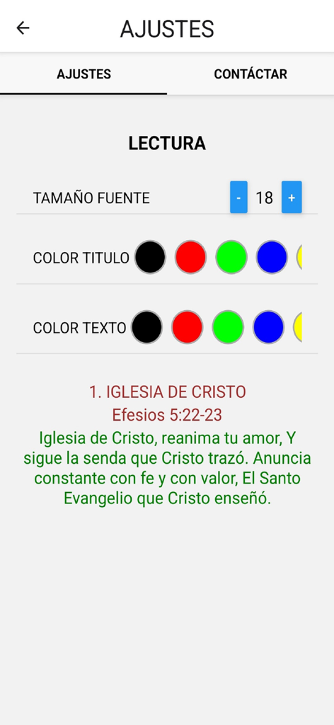 IGLESIA DE CRISTO HIMNARIO - Pantalla de ajustes de lectura en el himnario Iglesia de Cristo para personalizar el tamaño de letra y colores del texto